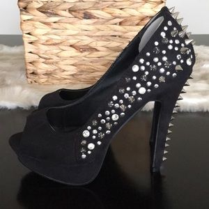 Studded faux suede peep toe platforms